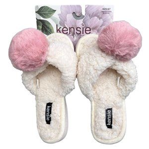 Kensie Memory Foam Slippers Flip Flop Thong 6/7 Women Beige Pink Puff Ball NWT